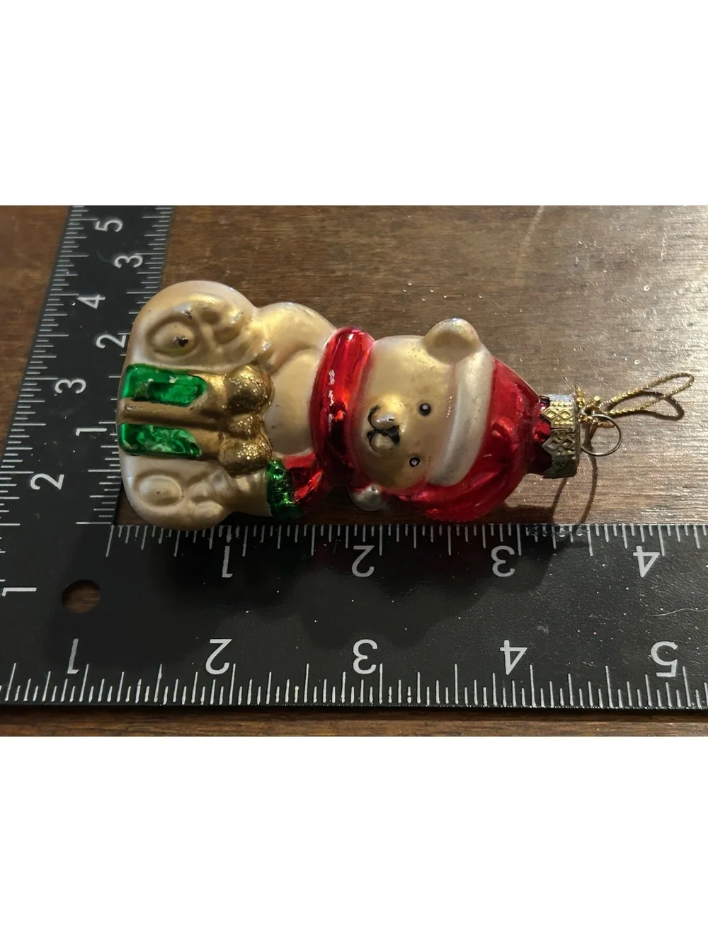 Vintage Glass Bear Christmas Ornament with Santa Hat and Gift
